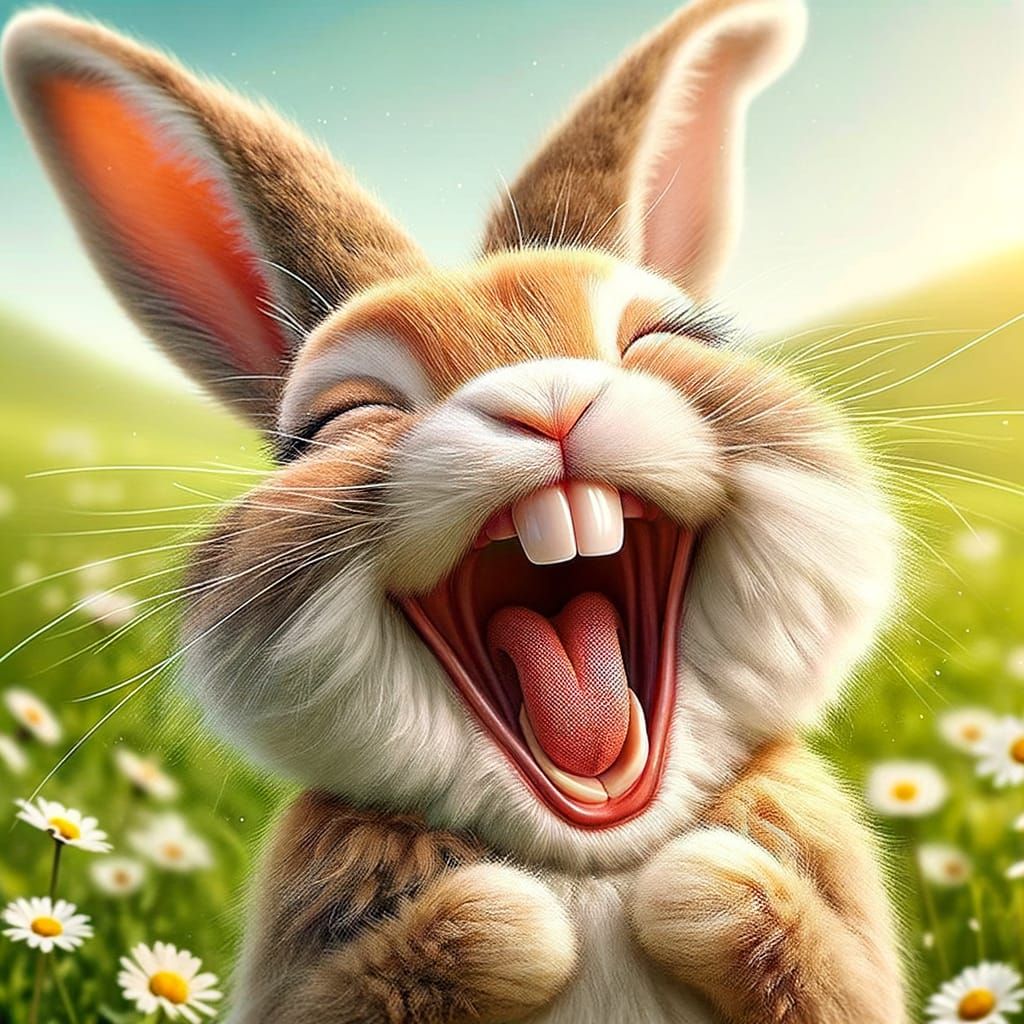 A maniacally laughing bunny, exaggerated expression