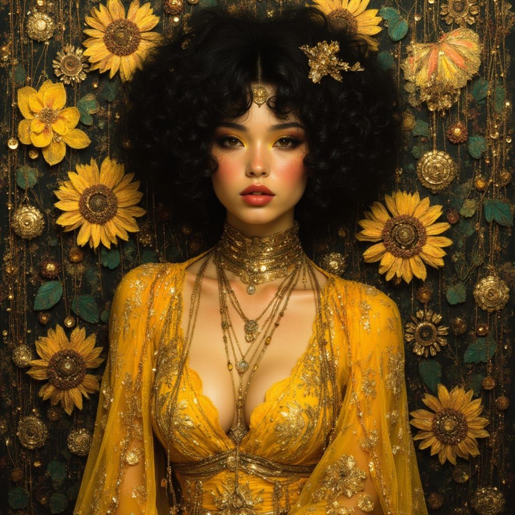 Nature goddess, yellow, gold and black hues, in Klimt style <lora:Geo Nouveau:1.0>