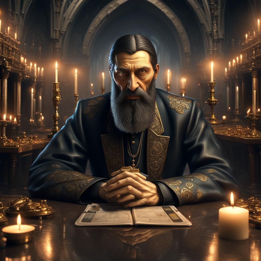 "Photographic portrait of Rasputin using a modern smartphone, 8k resolution intricate church and candles, ground level shot, 8K resolution,...
