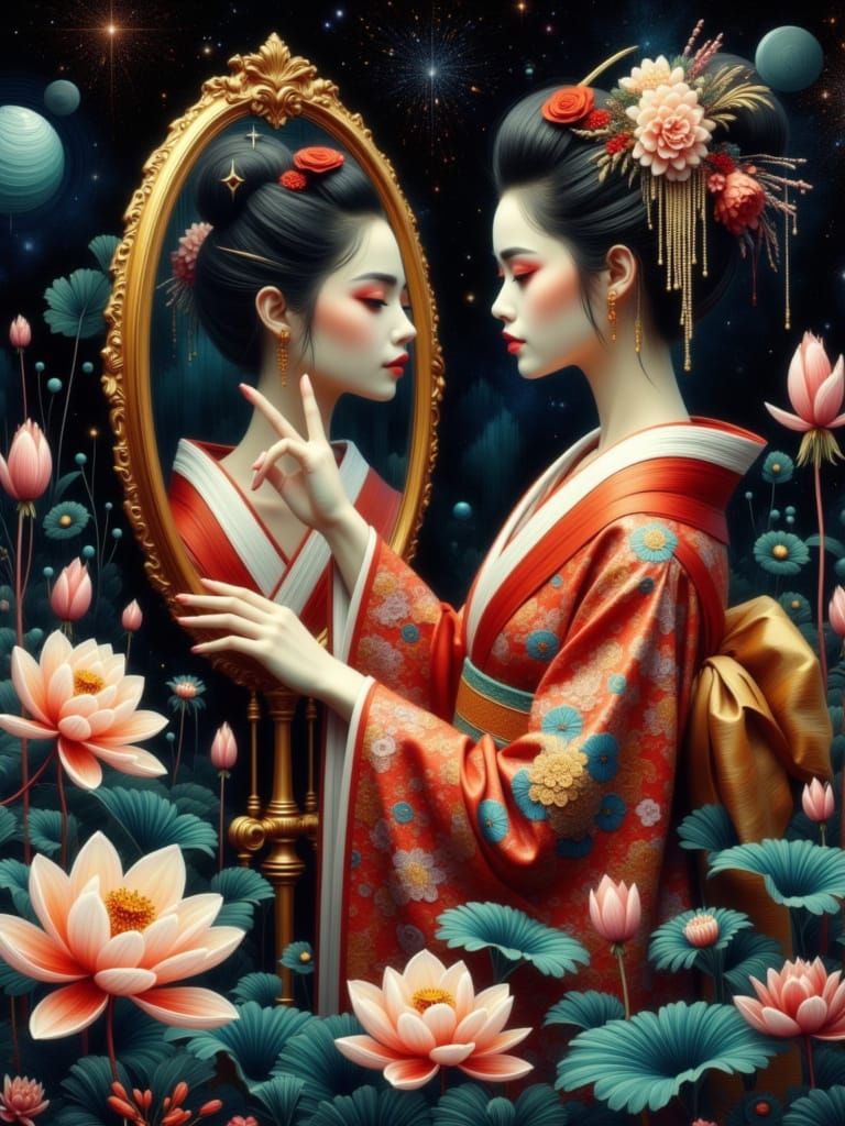 Exquisite Geisha in Dark Fantasy Kimono