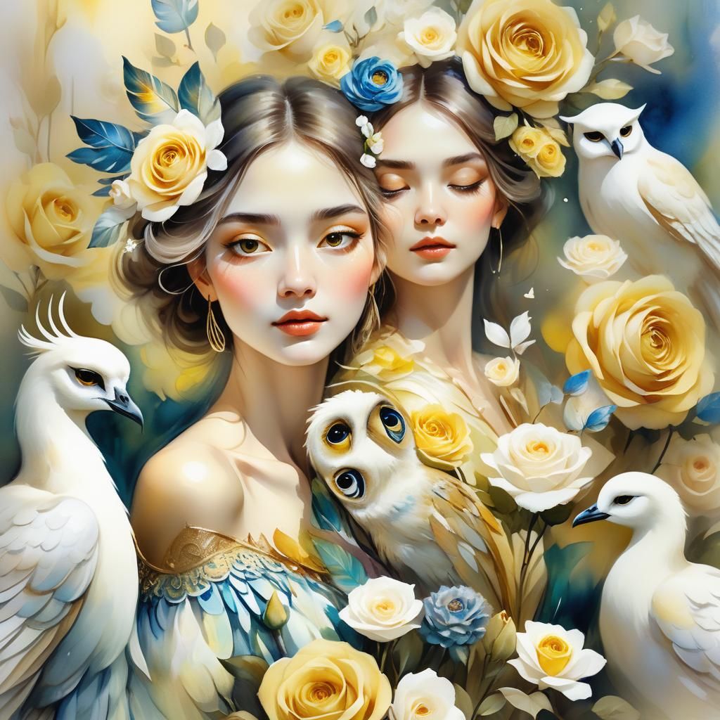 Yellow and white roses, owls, peacocks and swans.