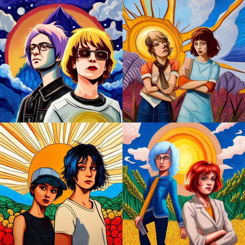 Scott pilgrim and ramona flowers with a sun standing in the background, in  the style of mixed media collage, delicate landscapes, narrative... - AI  Generated Artwork - NightCafe Creator