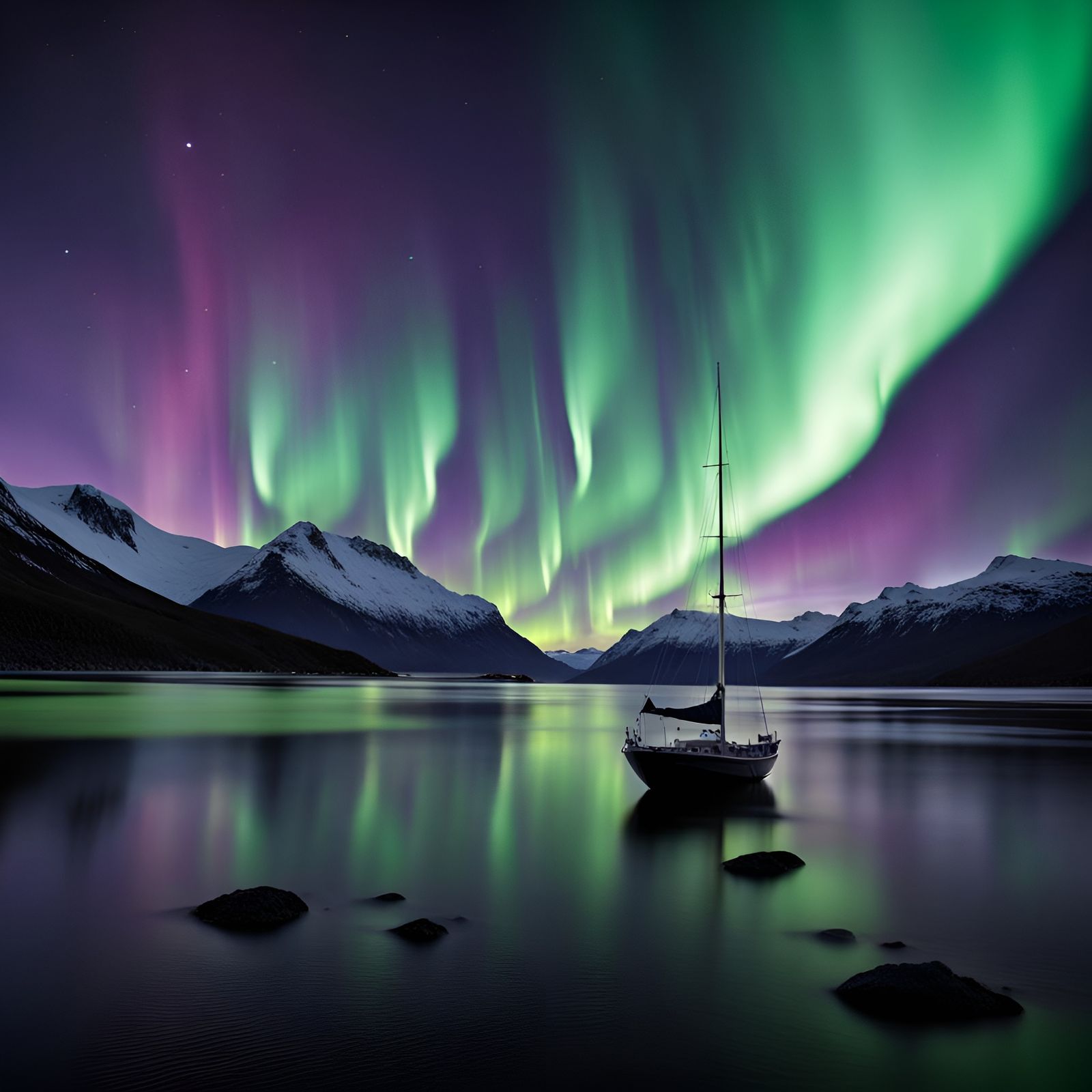 aurora borealis over water with ripples surrounded by mountains a solitary sail boat  by @CardinalBiggles