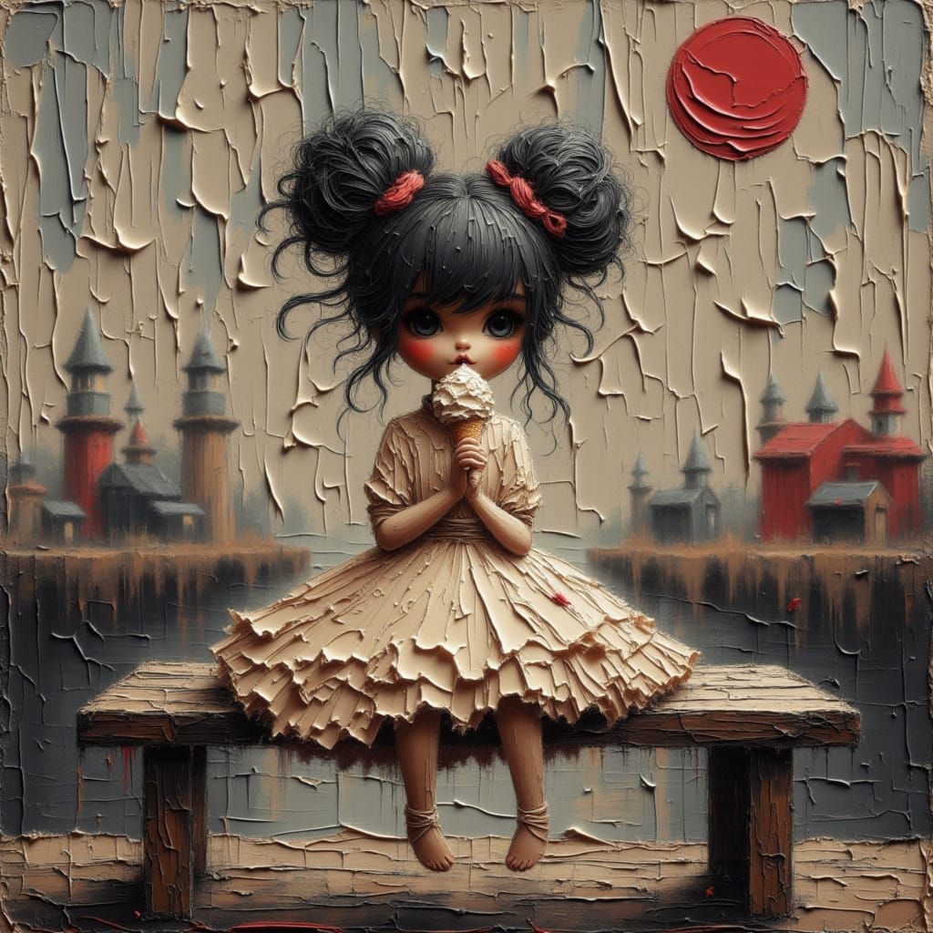 <lora:Moonchild:1.0> little girl with wild, untamed puffs and a smudged, joyful face sits on a wooden bench at a twilight carnival, licking ...