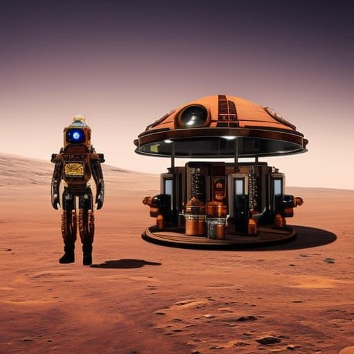 Gas station on Mars with steampunk cyborg attending spaceshi...
