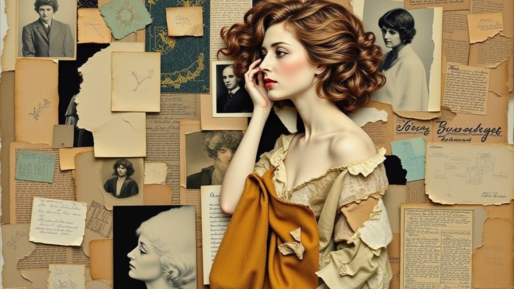 Introspective Palimpsest Collage: Agar's layering of aged papers, faded photographs, and remnants of the past, partially obscured by Erté's ...