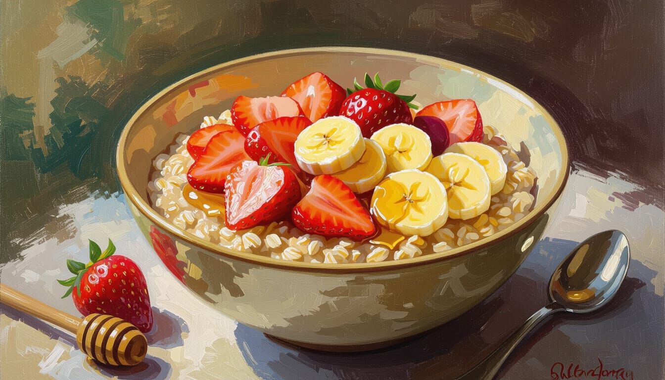 A bright bowl of oatmeal artfully arranged with various fresh fruits like strawberries, apples, and bananas, with honey drizzled artisticall...