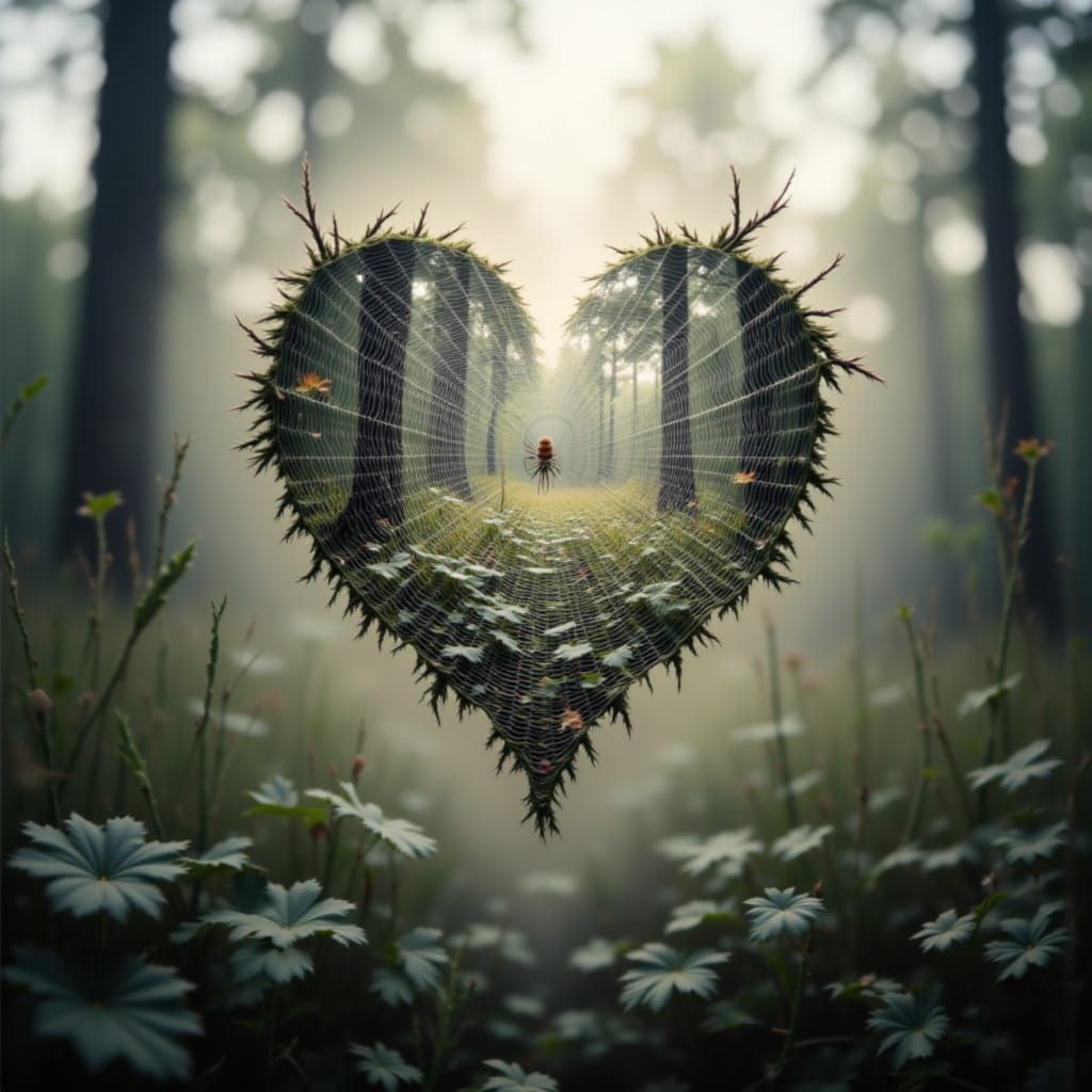 <lora:The DeXp of Red:1.0> <lora:Feeling Exposed:1.0> DEXP double exposure of a spider web in the shape of a heart