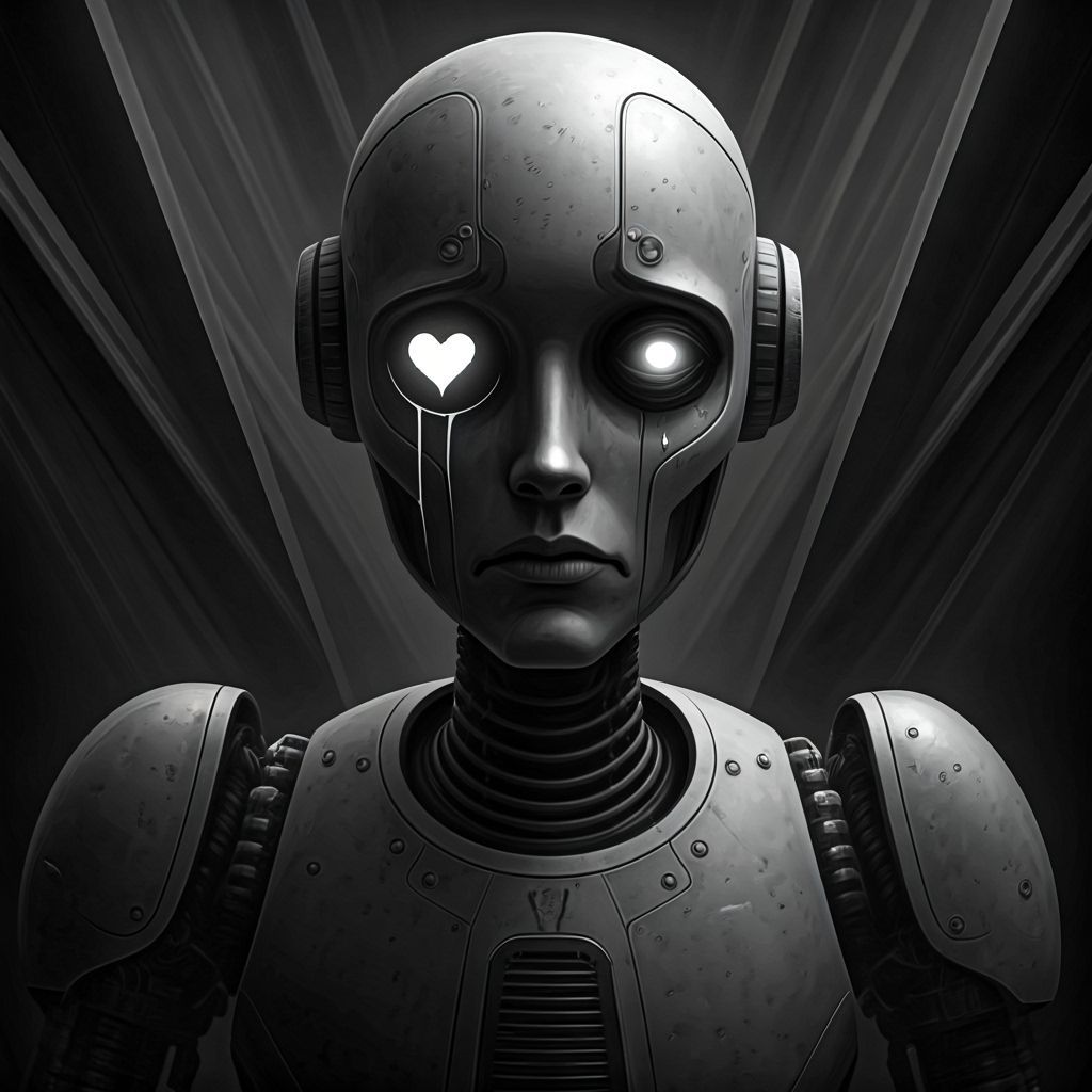 Melancholy Robot With Heart Eye in Monochromatic Style