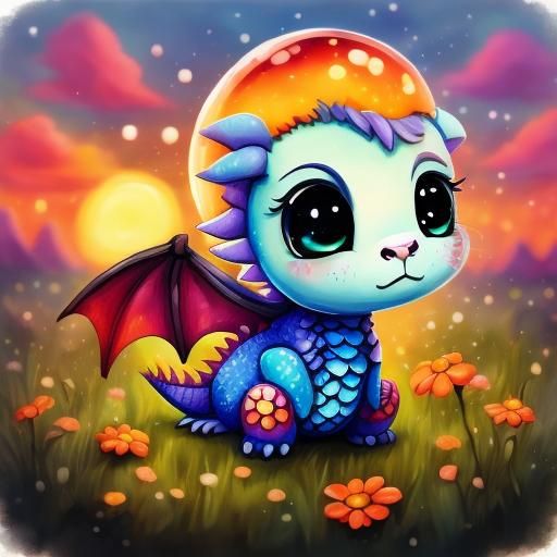 <lora:Cartoon bokeh v8:1.0> adorable chibified baby dragon, big round eyes, sunset meadow
