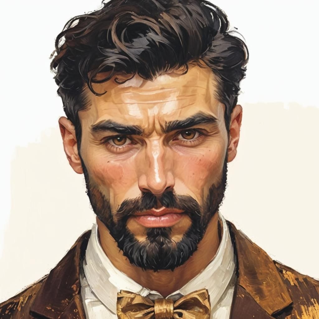 Gentleman with black beard wearing a brown velvet suit with a golden