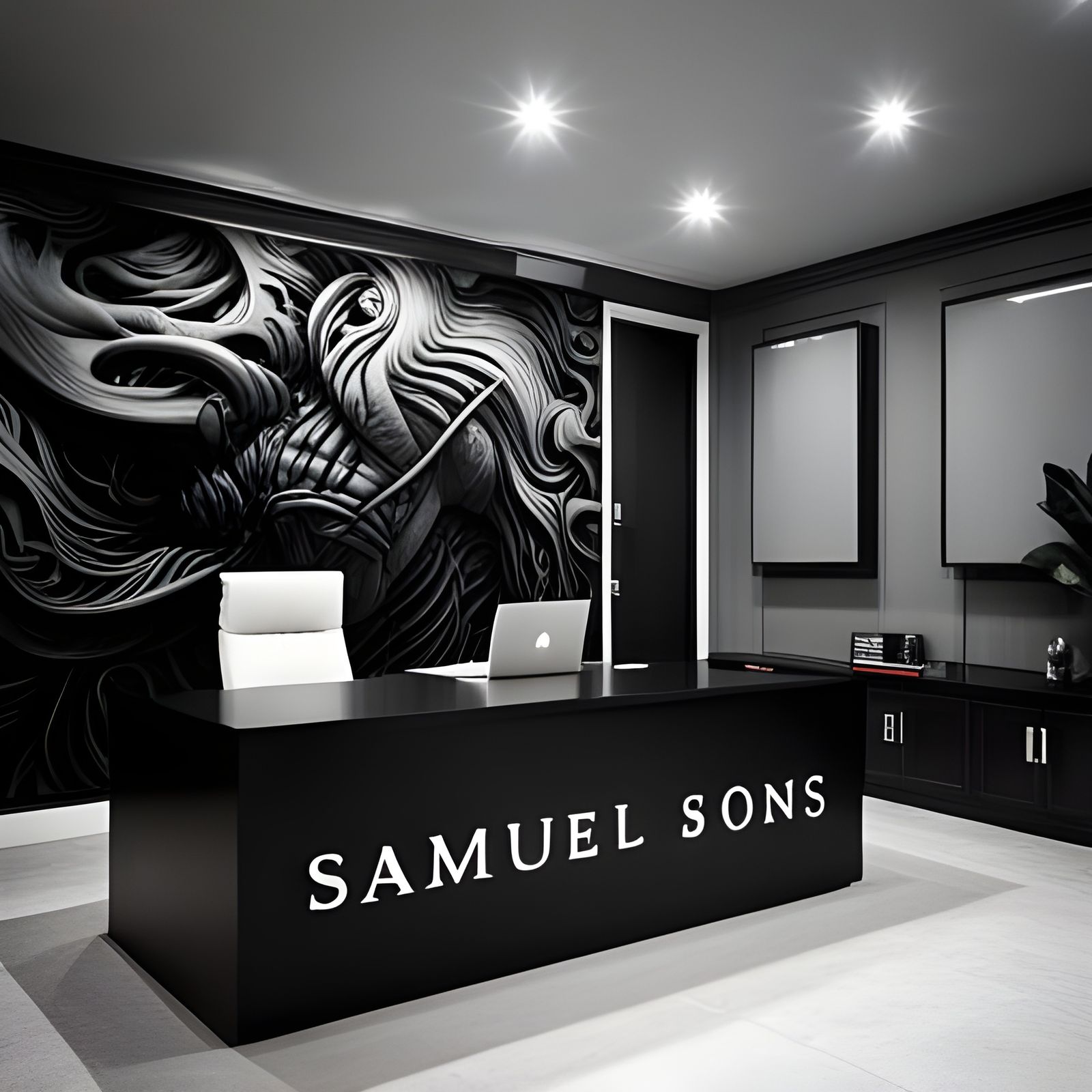 Logo on wall, Samuel & Sons, office, modern, black and white...