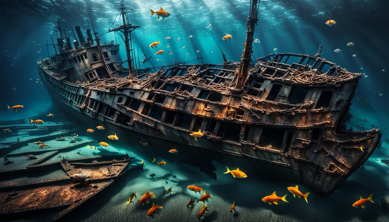 Shattered and broken ship on the bottom of a deep lake with ...