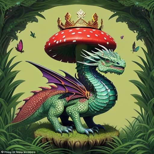 a tiny dragon, adorned with a crown, perched atop a large, v...