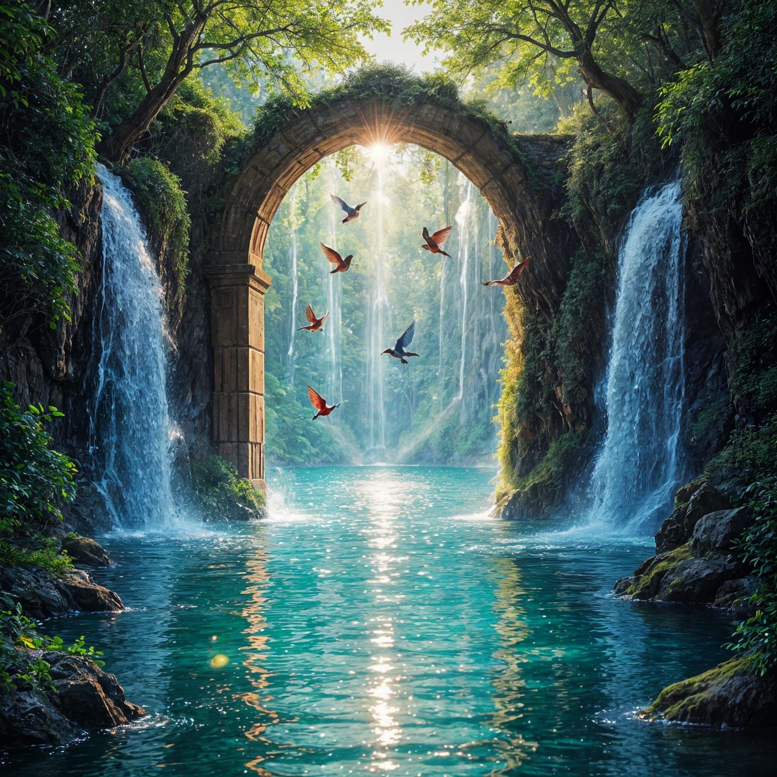 Create a doorway through a waterfall to a hidden lake sparkling with the sun bounce on it the bright blue and red birds flying overhead the ...
