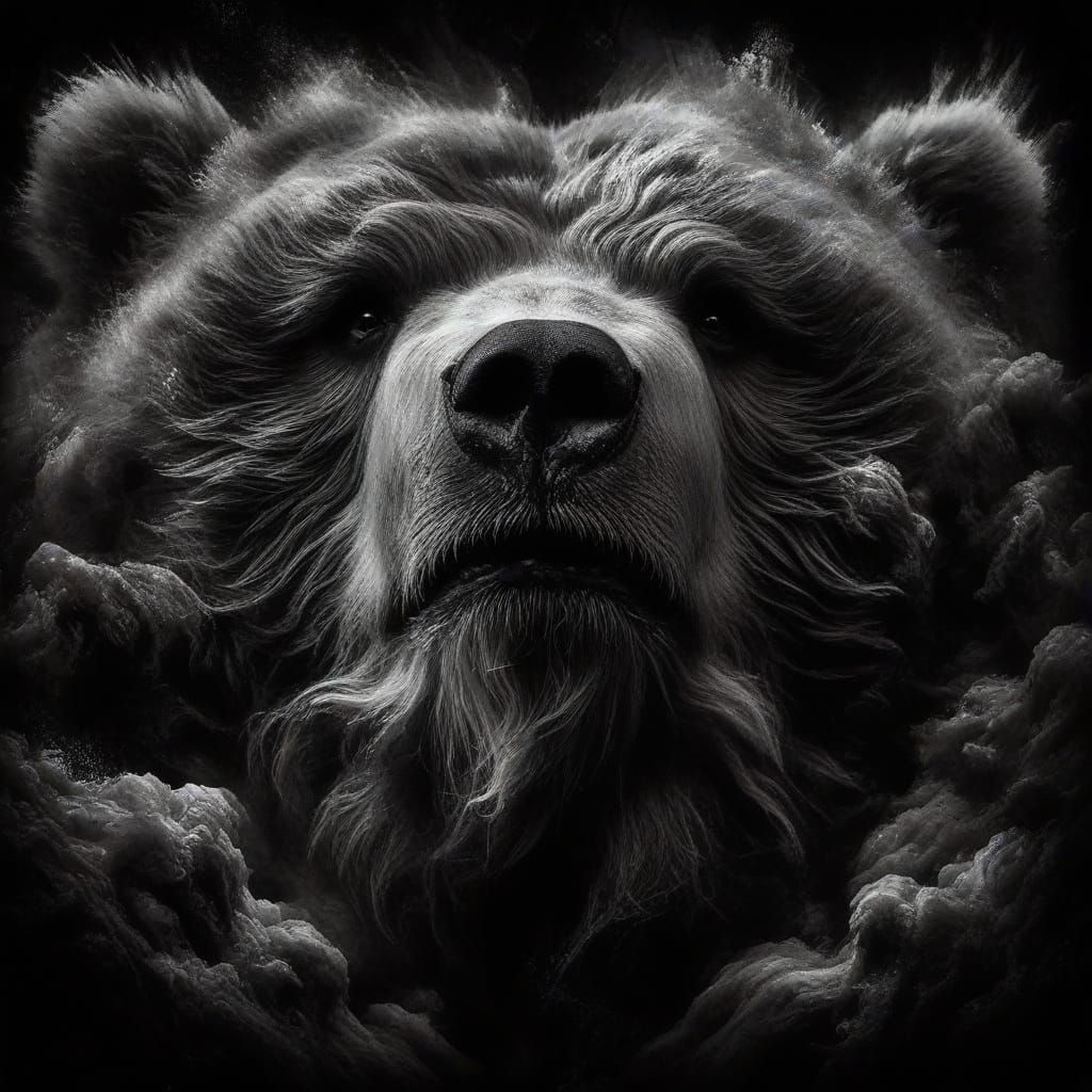 Microphotograph portrait: Obese Kodiak Bear; Gothic aura gazes directly at the viewer with a look of defiance and trauma; dark atmosphere ch...