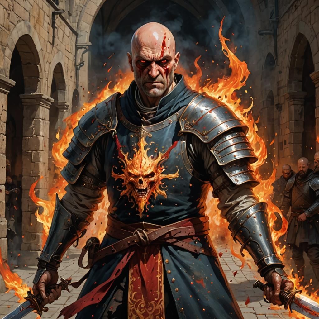 an angry bald man with magical flames coming out of his eyes...