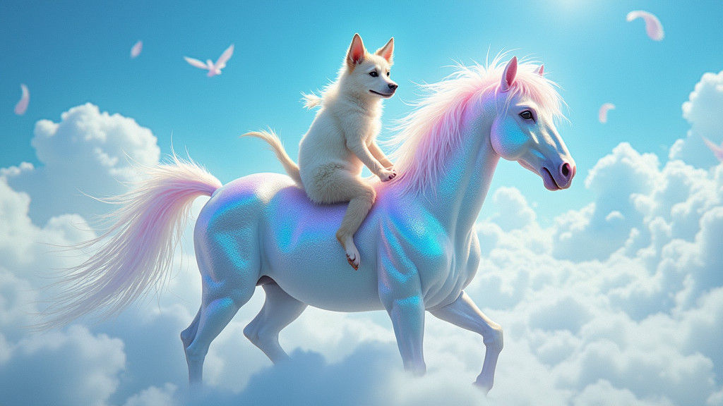 A whimsical canine rides a magnificent crystalline horse