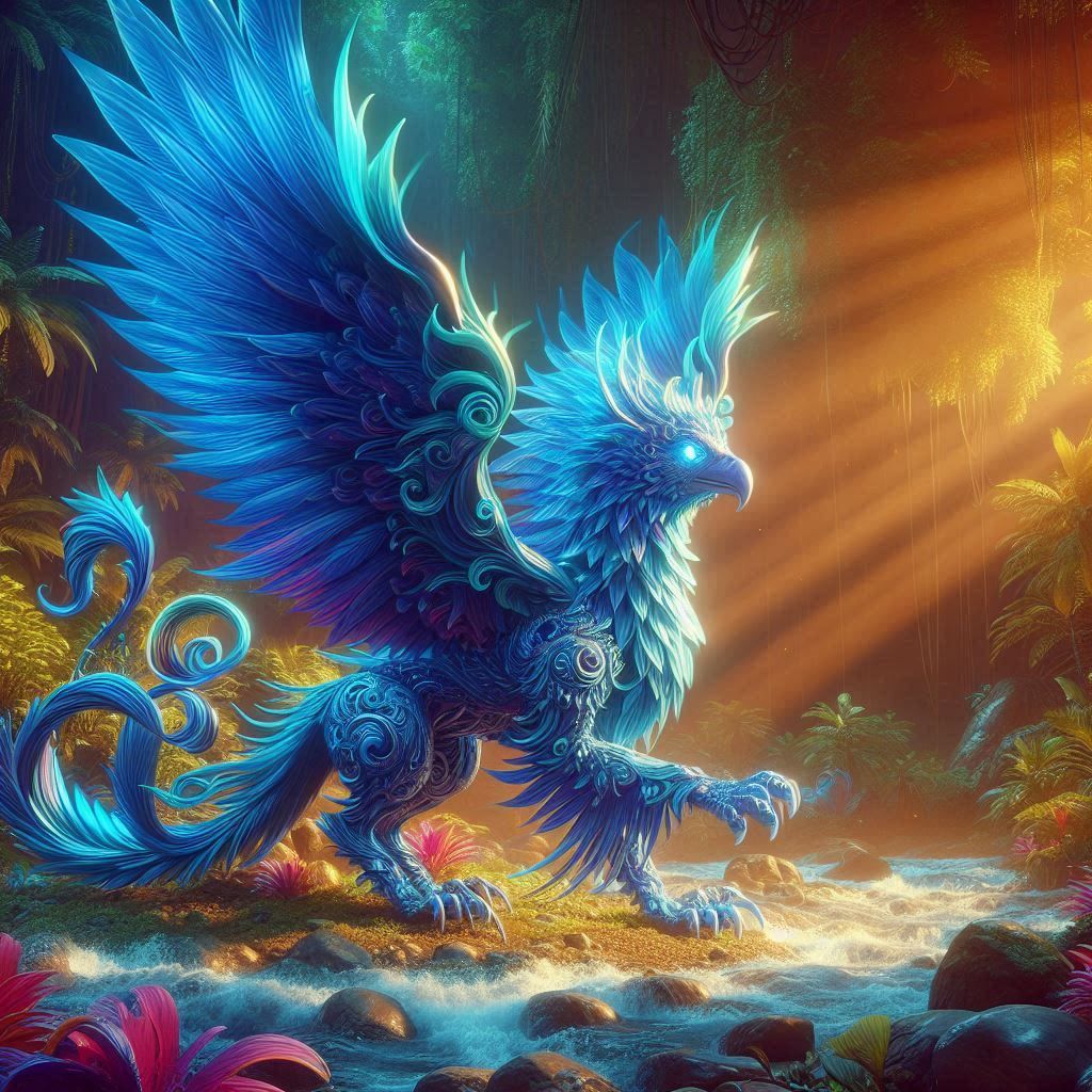 A majestic blue fire griffin