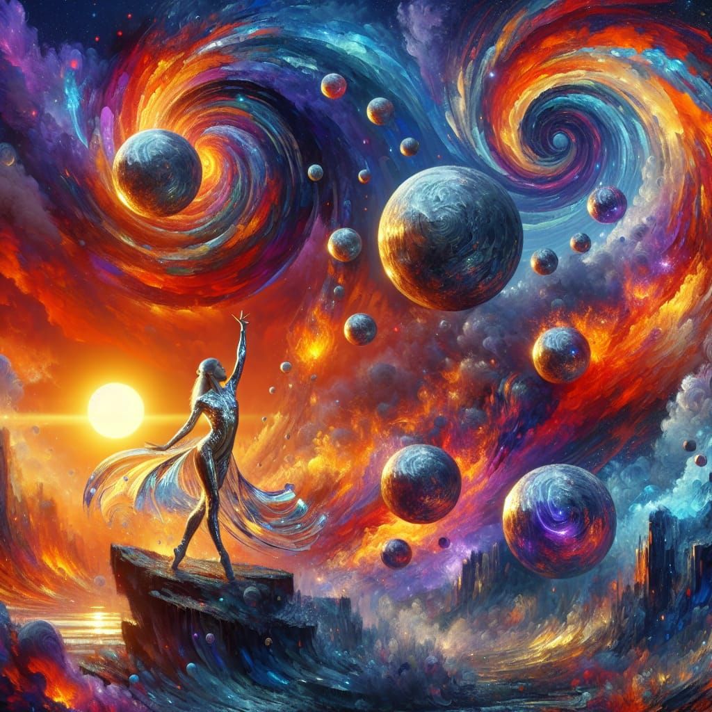 great spinning balls of fire and ice swirl all about a woman...