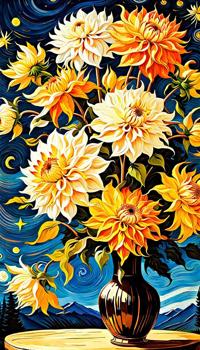 beautiful vase with white, orange, yellow dahlias , many det...