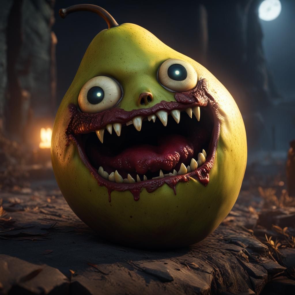 A zombie-faced pear monster  by @igikop