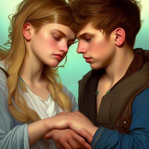 A girl with blond hair with deep blue eyes holding hands wit...