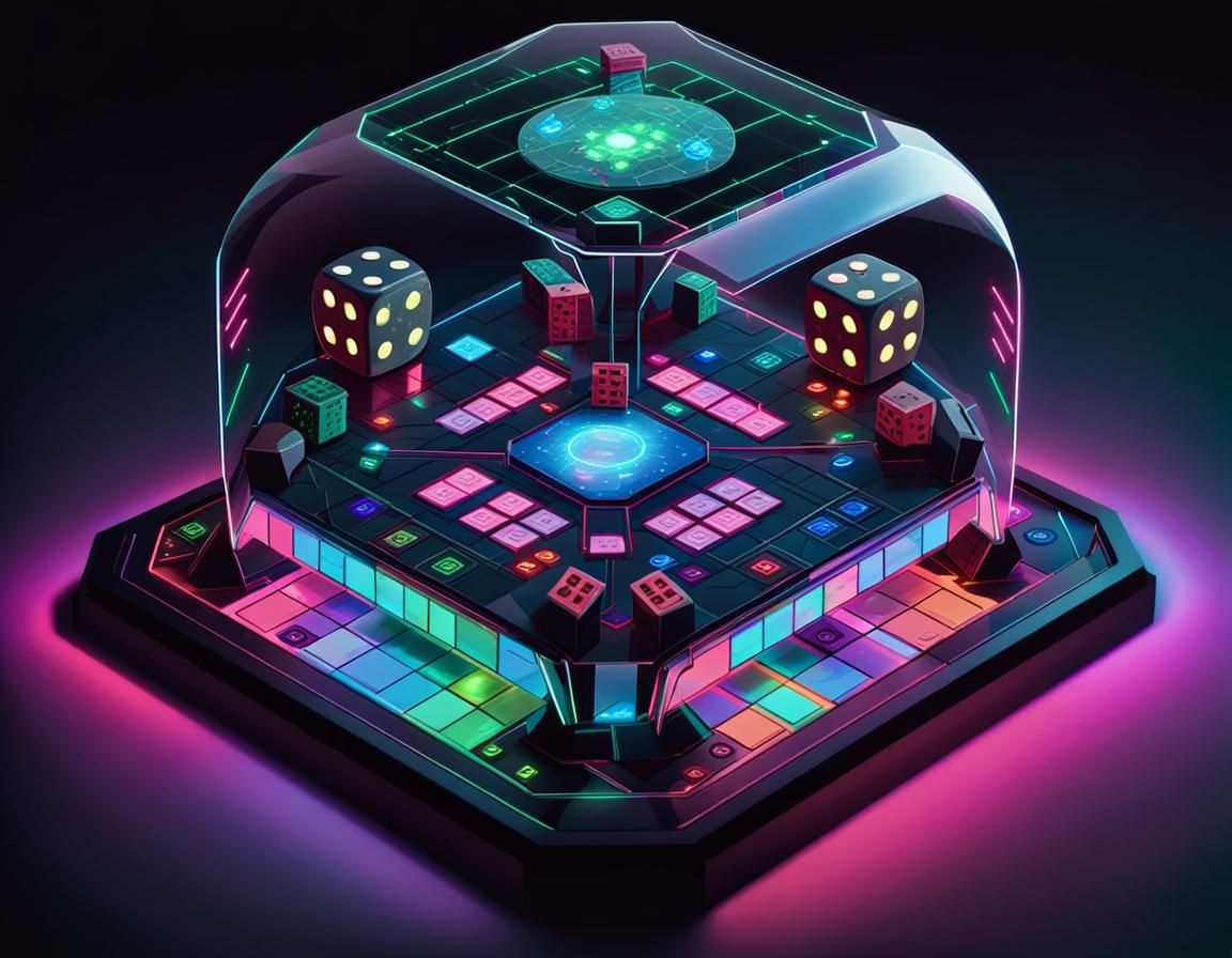 Cyberpunk game of Ludo, futuristic with neon lights and colourful LEDs, isometric view of the 