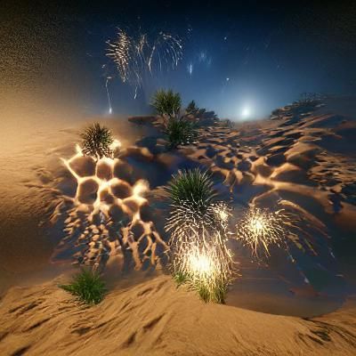 fractal fireworks over desert dunes at night CryEngine 8K 3D
