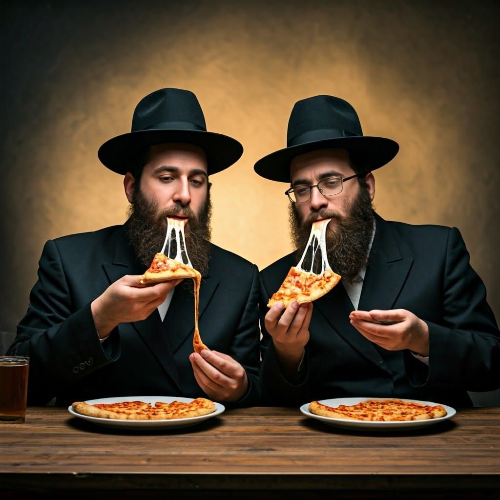 Two Haredi Men Enjoy a Hearty Pizza in Warm, Golden Light