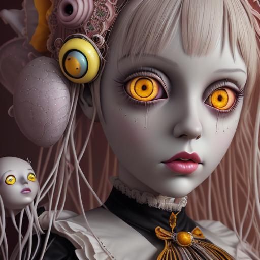 Close up of a doll with yellow eyes, a surrealist painting, inspired by ...