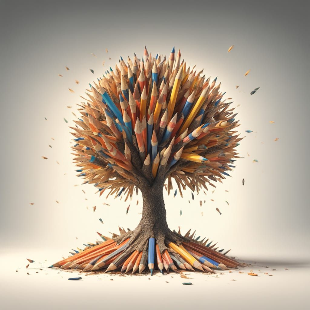 Whimsical Tree of Pencils with Graphite Leaves