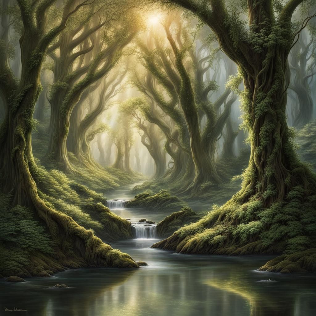 Deep in the forests of Lothlórien, where sunlight is filtere...