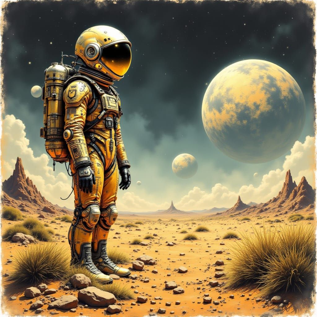 <lora:Ancient Gold:1.0> A lone astronaut on a desolate, alien planet, their helmet visor reflecting a ...  by @PaleHeart