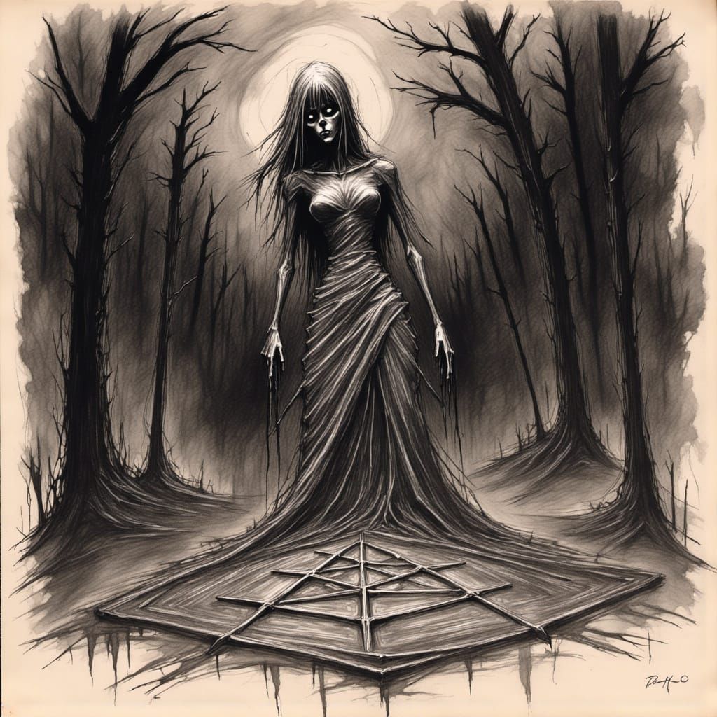 Demonic sorcetess draws a psychic pentagram on the portal of doom <lora:PsychixFlux:1.0>