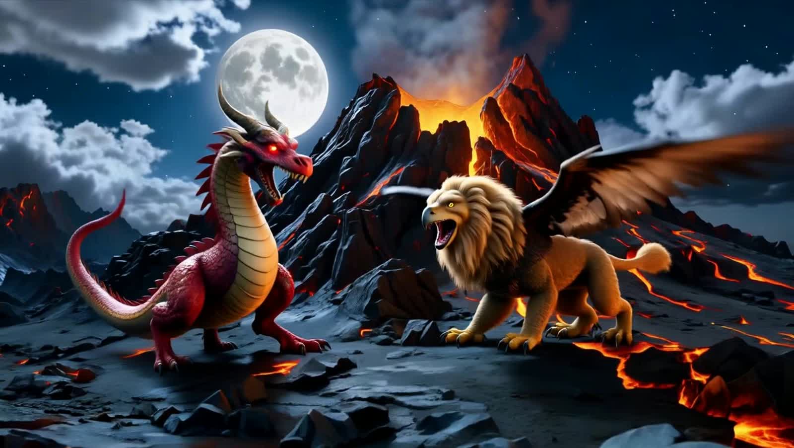 Dragon fighting a Griffin atop a volcanic mountain on a moonlight night, it is an epic battle