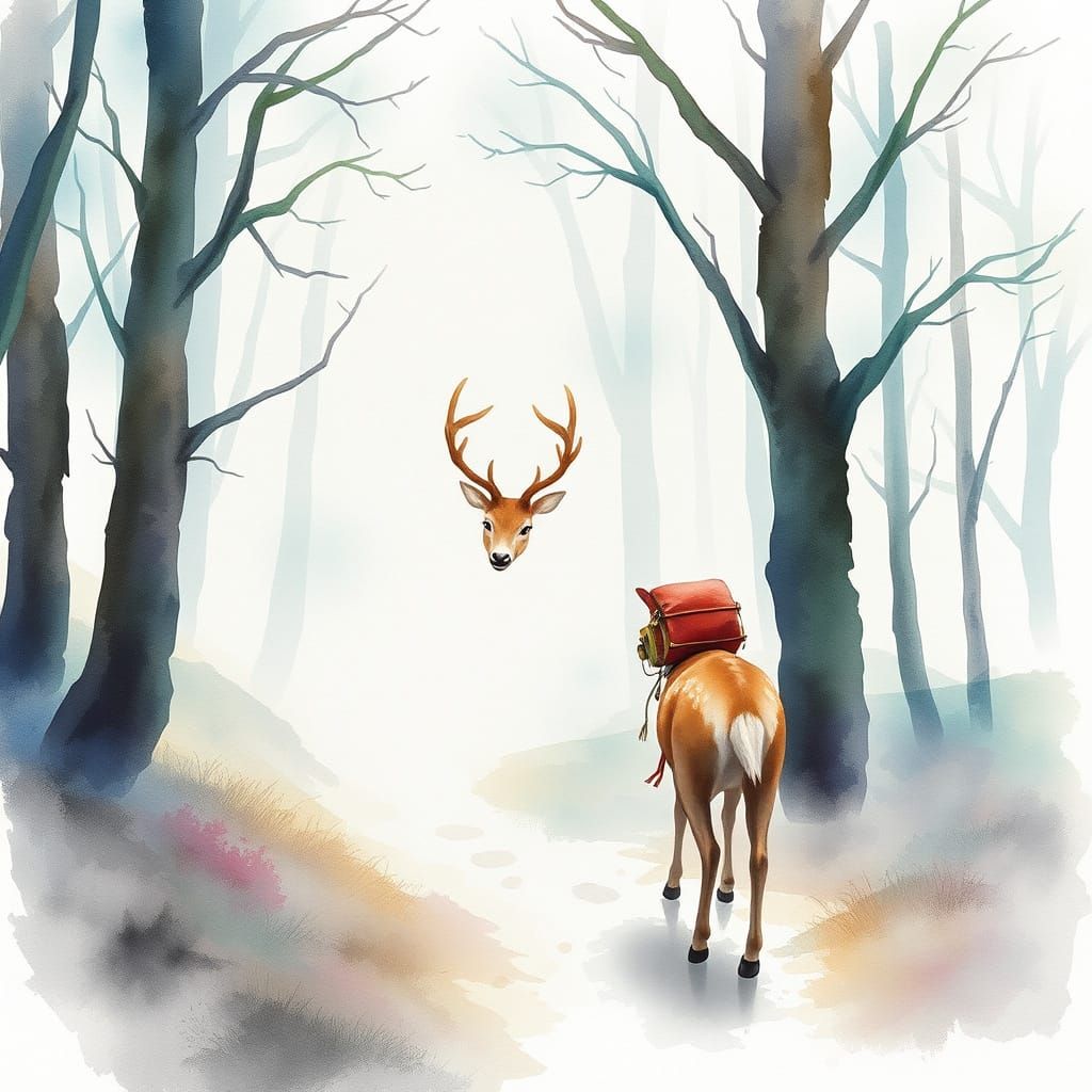 Watercolor on white background. Medium shot. A deer travels through a foggy, enchanted forest.