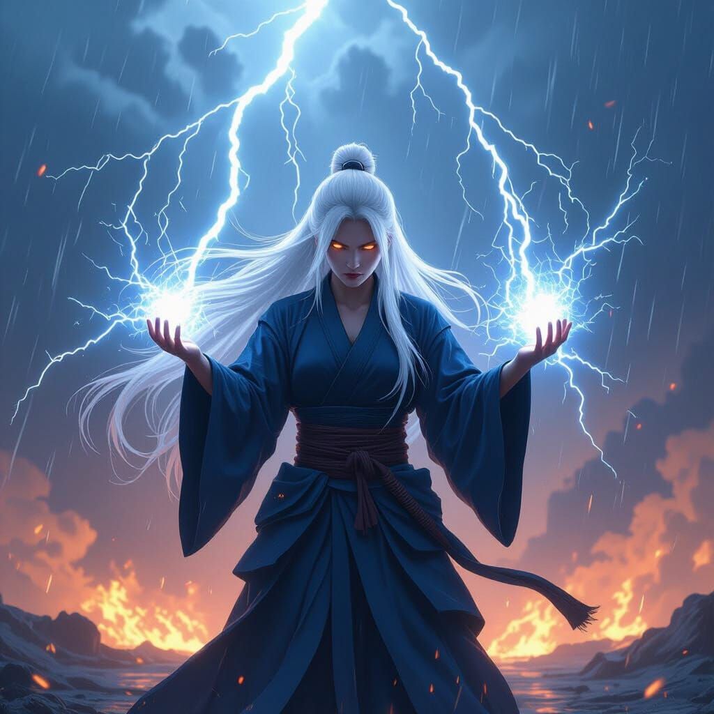 A female Japanese mystic with long white hair stands in the middle of a raging thunderstorm, wearing dark blue shinobi robes and a jingasa, ...