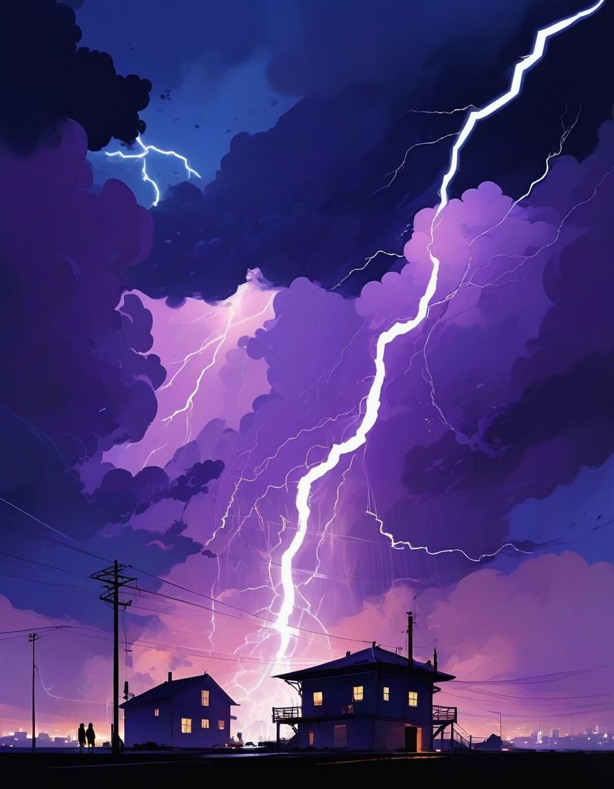 Dramatic Cityscape Under Raging Thunder in Vector Art