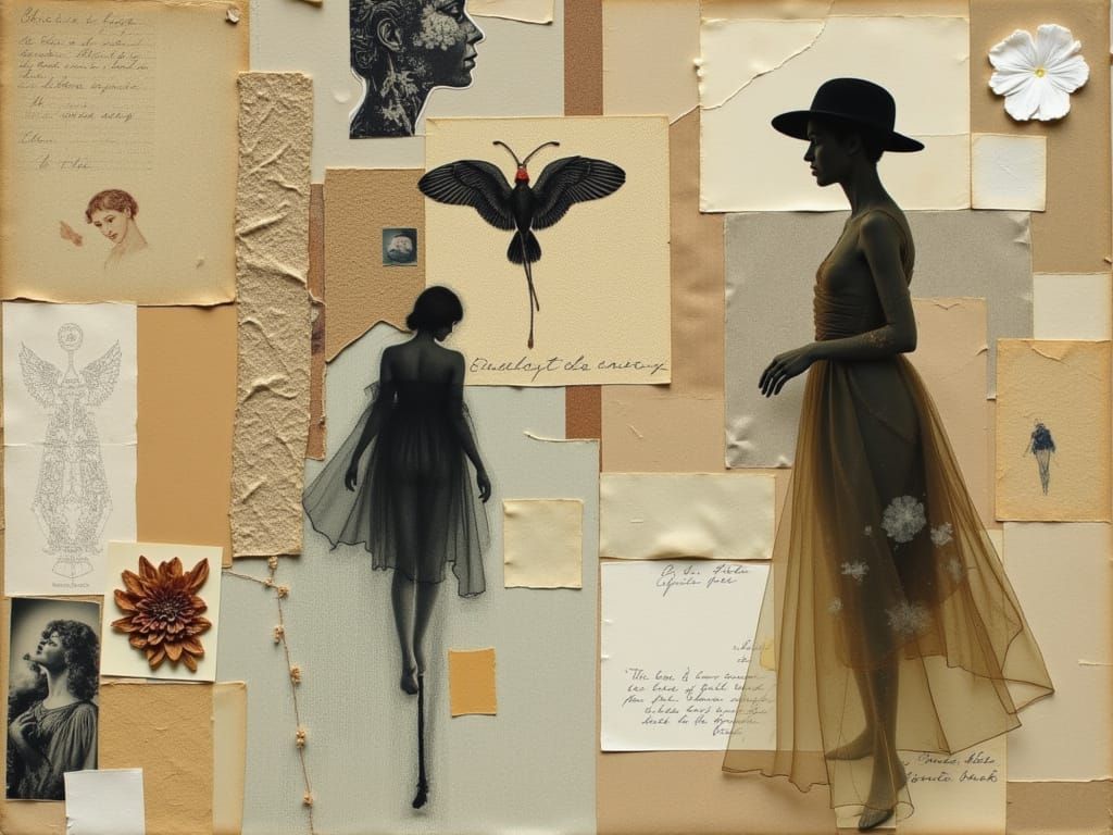 Introspective Veiled Collage: Eileen Agar's use of translucent materials like vellum, acetate, and sheer fabrics layered over more opaque pa...