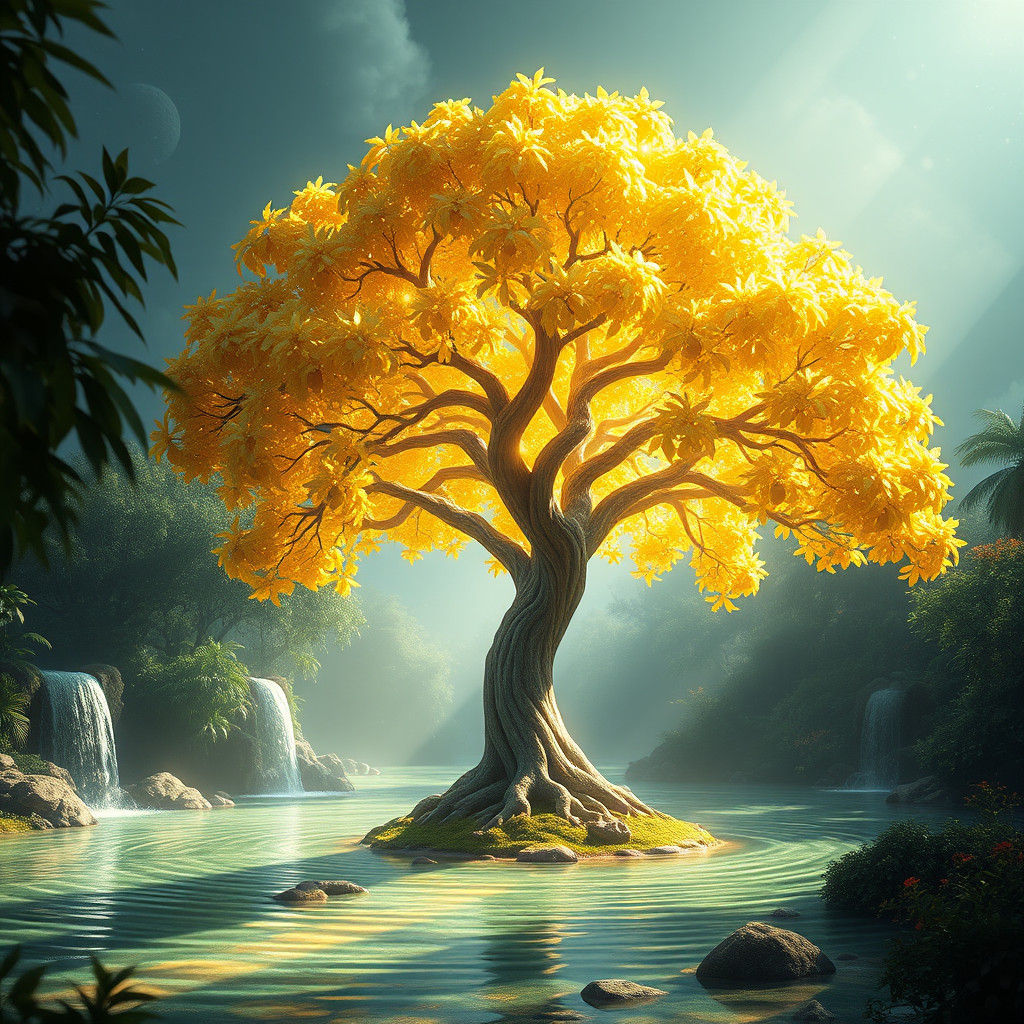 A sacred tree with perfect golden leaves and radiant fruits. It stands at the heart of a paradise garden ...  by @start mrdv