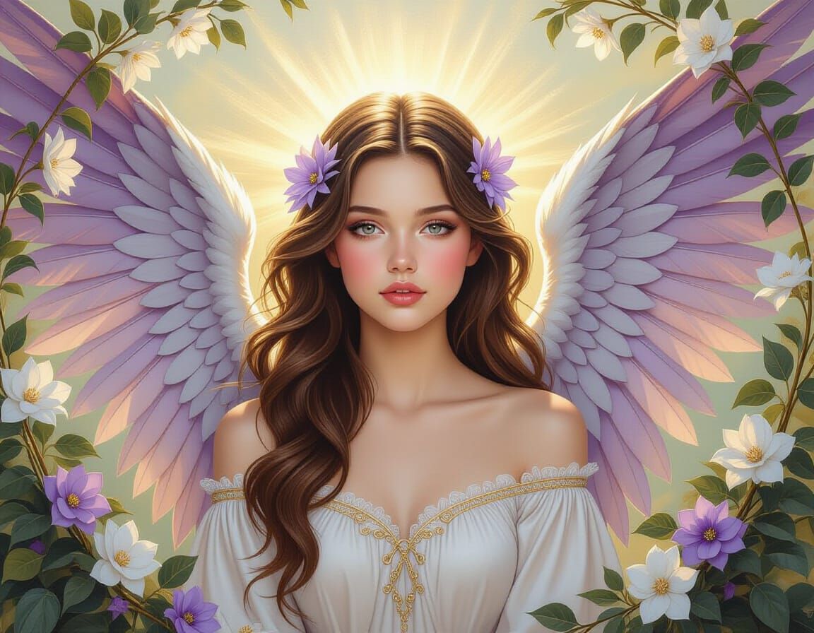 an angelic young woman, with luxurious and detailed wings.  by @Elisabeth