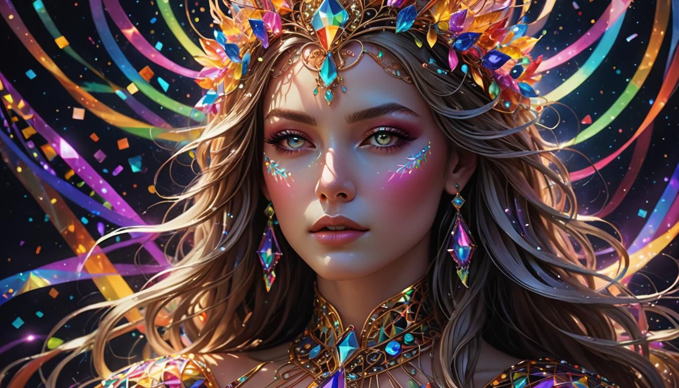 Ethereal Goddess in Prism Geometric Field with Neon Ribbons