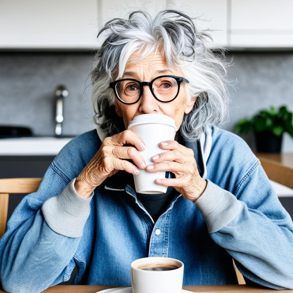 senior woman with messy grey hair, glasses, wearing sweats a...