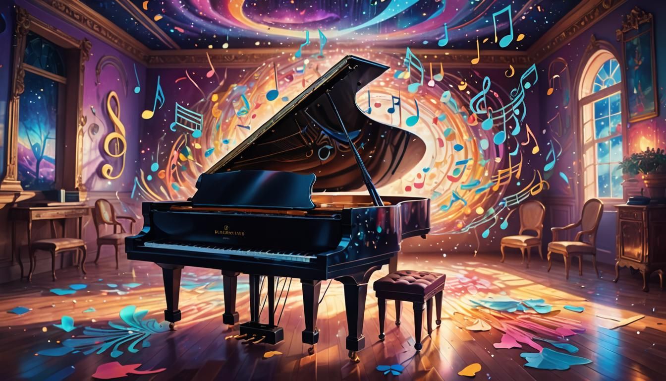 A grand piano in an enchanted room, where the keys, when pressed, release music notes that float and ...  by @Phrommakayeeka Sathu