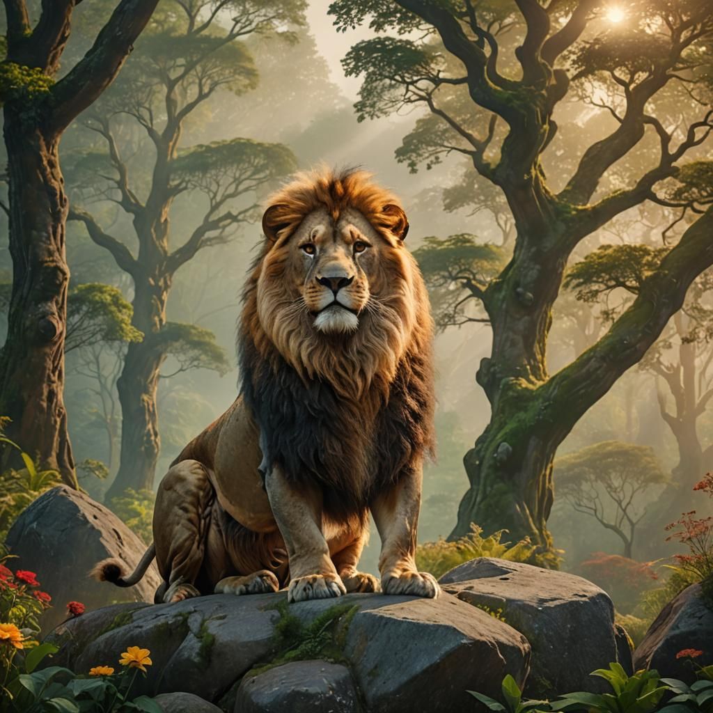 Majestic Lion in Forest: Detailed Matte Painting