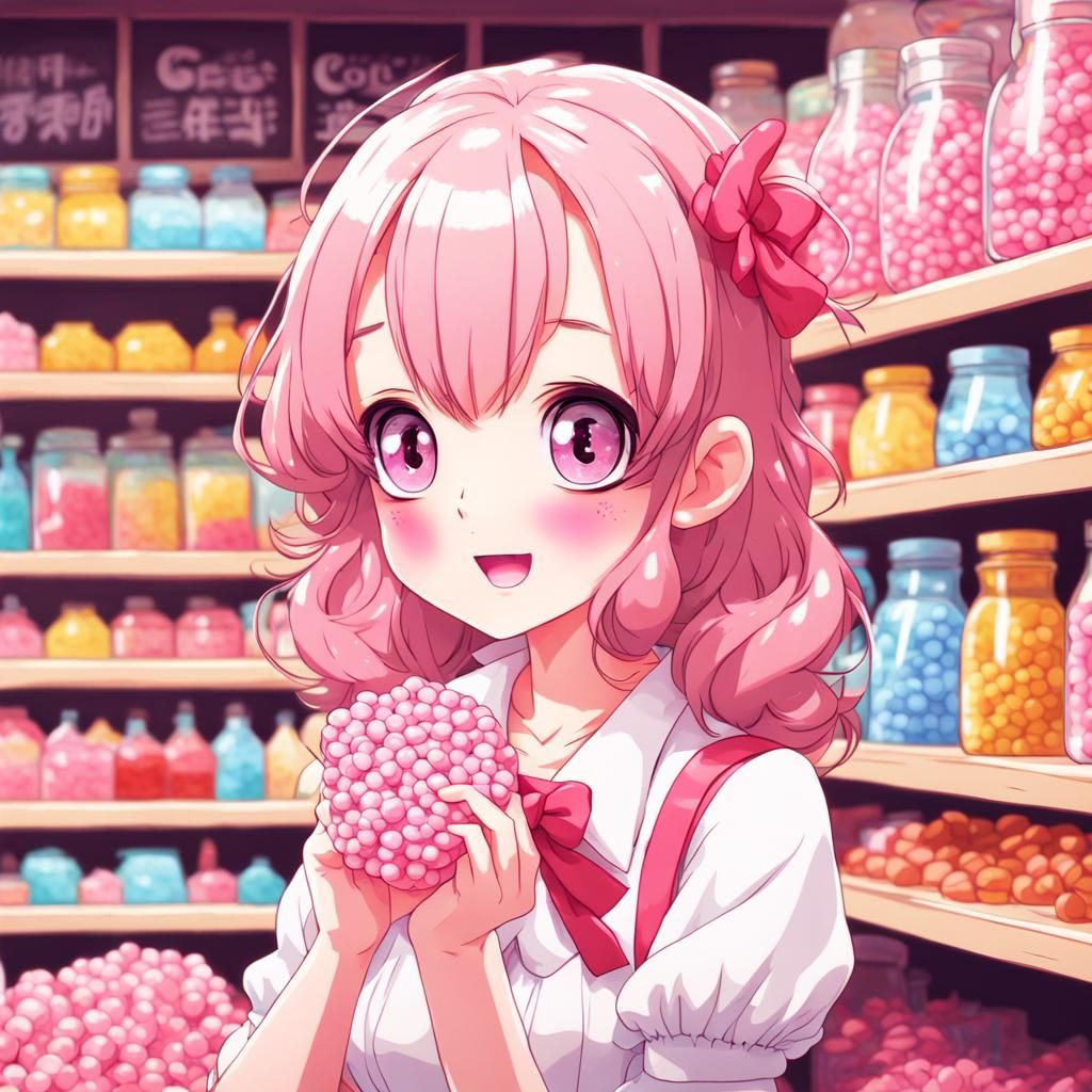 cute bubblegum girl in a candy shop