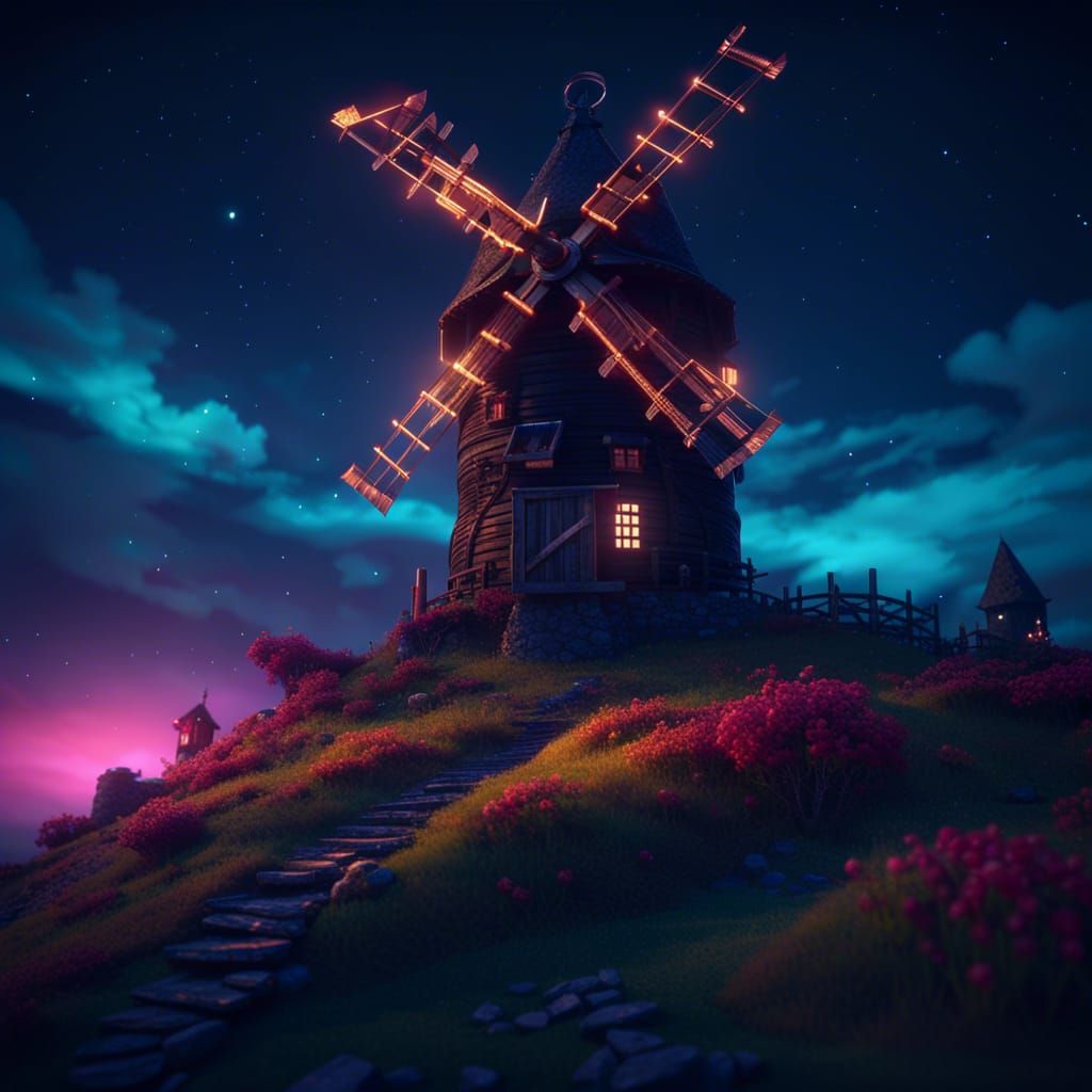 dark mysterious windmill on a hill colorful night sky 3D Gam...