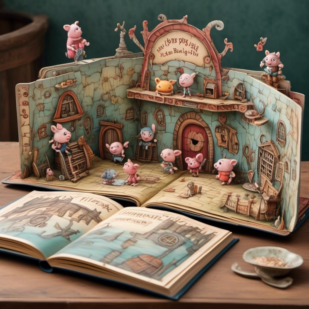<lora:Pop-Up-Story:1.0>Pop up book flat on the table, open book, (3-Little-Pigs and the Big Bad Wolf:1.9)