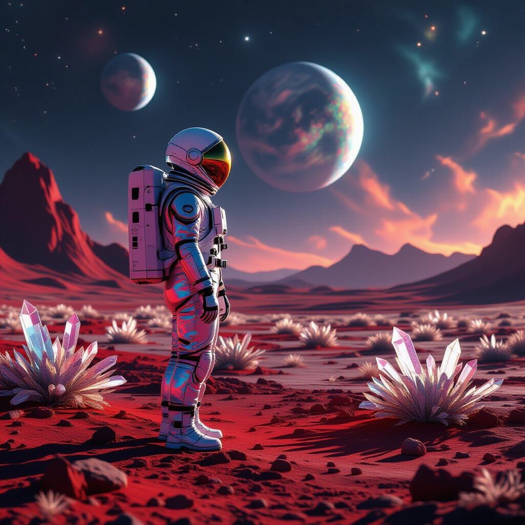 A lone astronaut, clad in a shimmering, iridescent suit, stands on a desolate alien planet. Strange, crystalline flora sprouts from the crim...